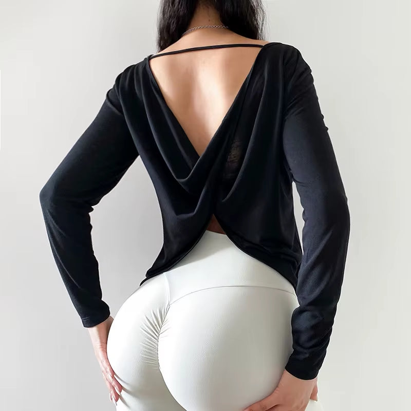 Woman Sexy Back Sports Top Yoga Shirts Long-Sleeved Breathable Gym Workout Running Top Fitness Clothes