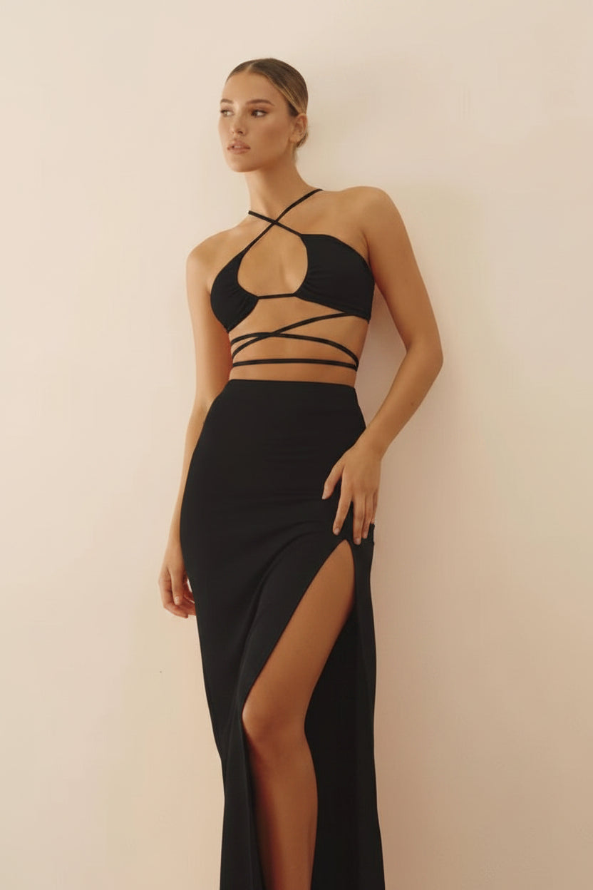 Bandage Cut Out Sexy Halter Neck Top and Skirts Set Gathered Elegant Club 2022 Summer Outfits Split Two Piece Set