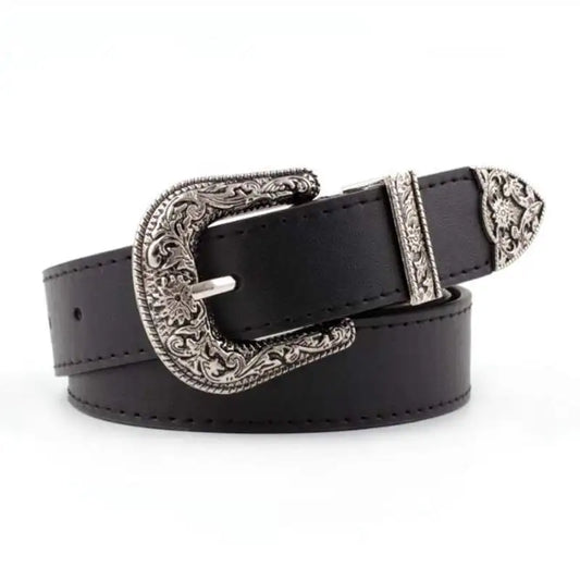 Black Leather Belt Women Metal Heart Buckle Waist Belt Vintage Western Carved Jeans Ladies Belts Shirts Waistband Cinturon Mujer